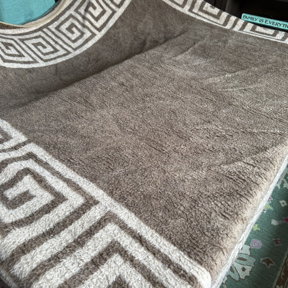 Vtg Biederlack Reversible Blanket Beige Brown Greek Key Border 91x92